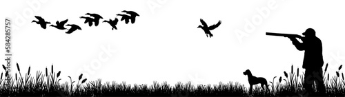 Canvastavla Wildlife Duck animals hunting hunt landscape panorama vector illustration - Blac