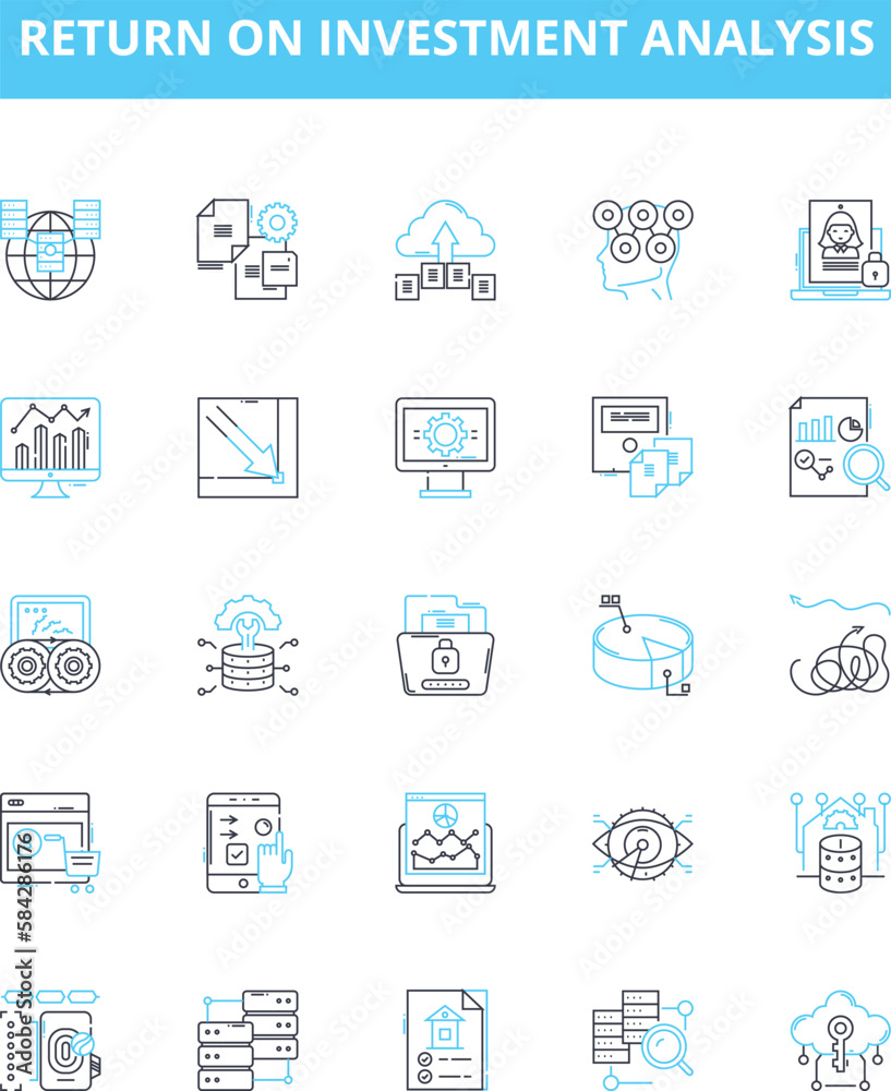 Return on investment analysis vector line icons set. ROI, Analysis, Return, Investment, Financial, Profitability, Cost-Benefit illustration outline concept symbols and signs