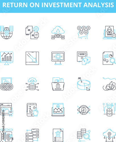 Return on investment analysis vector line icons set. ROI, Analysis, Return, Investment, Financial, Profitability, Cost-Benefit illustration outline concept symbols and signs