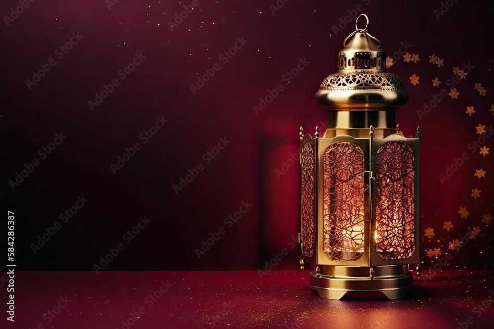Islamic lantern stands with candle light and arabian ornament, ramadan kareem maroon background generated AI Islamic lantern stands with candle light and arabian ornament, ramadan kareem maroon background generated AI