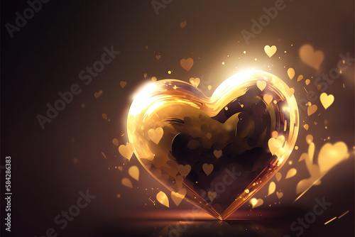 Glitter gold heart with golden light, on golden background, Happy Valentines Day card with glowing luxury heart illustration, generative ai.