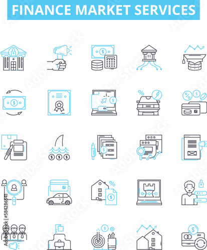 Finance market services vector line icons set. Funding, Banking, Investing, Trading, Advisory, Risk, Capital illustration outline concept symbols and signs
