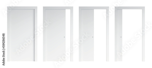 Set of four opening options of isolated white sliding doors. The door is closed, the door is 1/4 open, the door is 1/2 open, the door is 3/4 open. Front view. 3d render photo