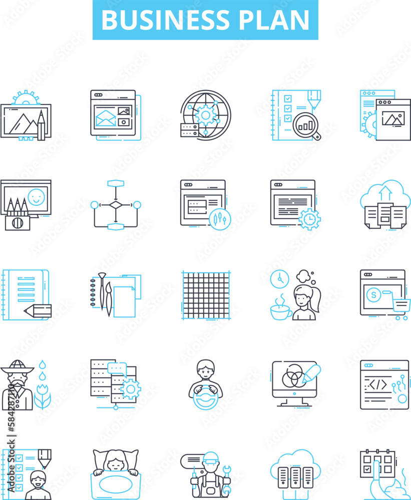 Business plan vector line icons set. Business, Plan, Strategy, Financing, Proposal, Start-up, Objectives illustration outline concept symbols and signs Business plan vector line icons set. Business, Plan, Strategy, Financing, Proposal, Start-up, Objectives illustration outline concept symbols and signs