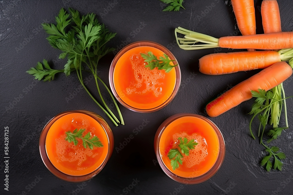 Carrot juice and fresh carrots. Generative AI.