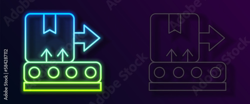 Glowing neon line Conveyor belt with cardboard box icon isolated on black background. Vector