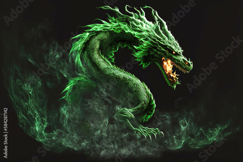 Green angry dragon made of flame and smoke on black background, generative ai.