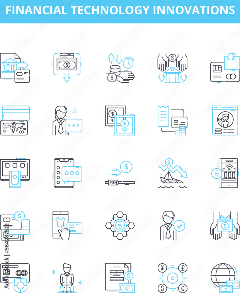 Financial technology innovations vector line icons set. Fintech, FinTech, Financial-Tech, FinTechs, Innovations, Banking-Tech, Payment-Tech illustration outline concept symbols and signs Financial technology innovations vector line icons set. Fintech, FinTech, Financial-Tech, FinTechs, Innovations, Banking-Tech, Payment-Tech illustration outline concept symbols and signs