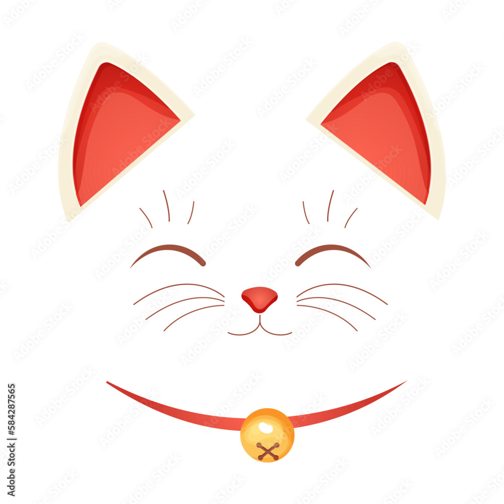 Maneki neko cat tradition figure lucky symbol, pet with collar and bell in cartoon style isolated on white background Maneki neko cat tradition figure lucky symbol, pet with collar and bell in cartoon style isolated on white background