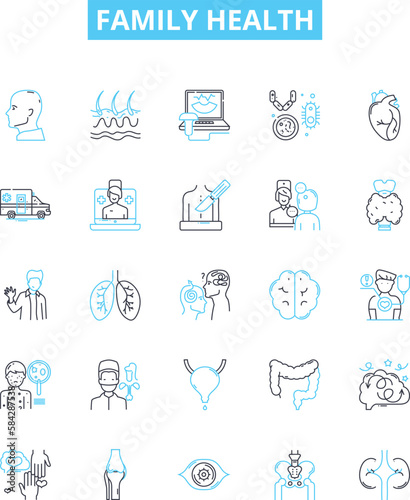 Family health vector line icons set. Family, Health, Wellbeing, Nutrition, Exercise, Lifestyle, Pediatric illustration outline concept symbols and signs
