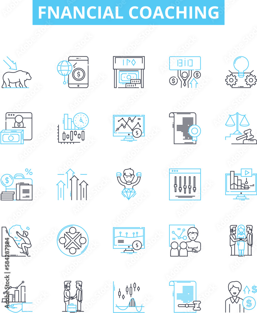 Fnancial coaching vector line icons set. Financial, Coaching, Budgeting, Investing, Planning, Money, Wealth illustration outline concept symbols and signs