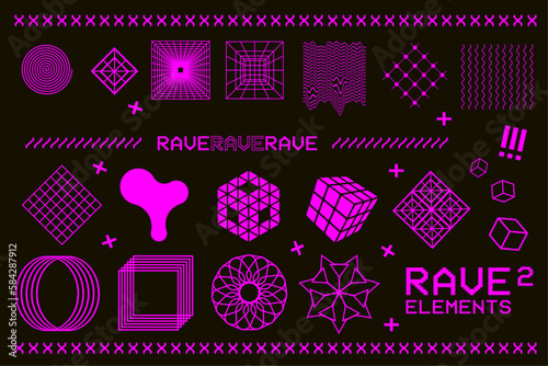 Rave psychedelic retro futuristic set. Surreal geometric shapes, abstract backgrounds, patterns, wireframe, cyberpunk elements and perspective grids. Vector elements in trendy psychedelic