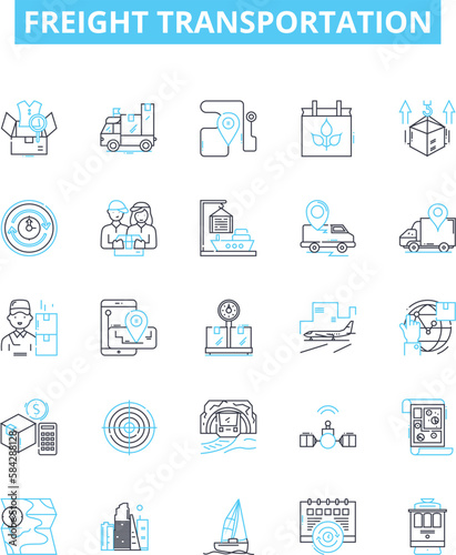 Freight transportation vector line icons set. Shipping, Logistics, Cargo, Trucks, Railways, Delivery, Containers illustration outline concept symbols and signs