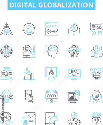 Digital globalization vector line icons set. Digital, Globalization, Technological, Connectivity, Networking, Interconnectivity, Mobility illustration outline concept symbols and signs