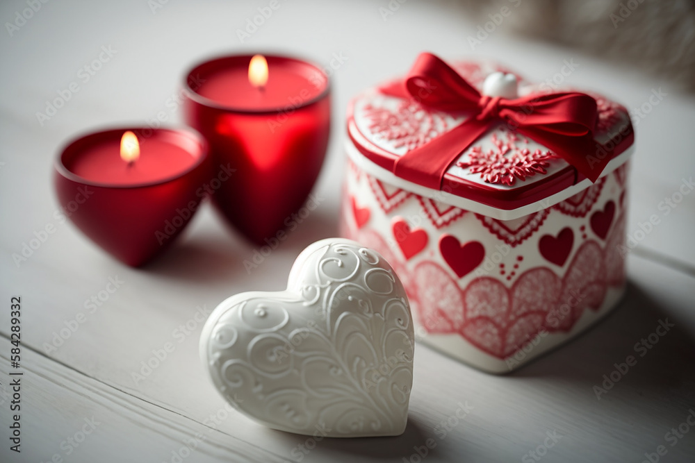 Hearts presents and candles in red on a white wooden background valentine's Day as an idea with Generative AI technology Hearts presents and candles in red on a white wooden background valentine's Day as an idea with Generative AI technology