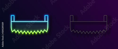 Glowing neon line Two-handed saw icon isolated on black background. Vector