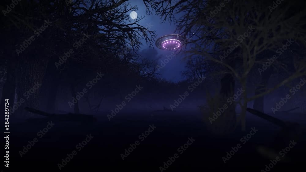 3D alien UFO hovering over haunted forest 3D alien UFO hovering over haunted forest