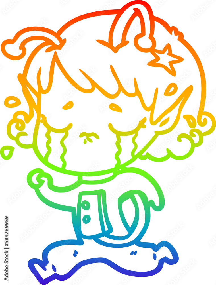 Fototapeta premium rainbow gradient line drawing cartoon crying alien girl