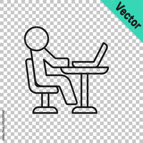 Black line Freelancer icon isolated on transparent background. Freelancer man working on laptop at his house. Online working, distant job concept. Vector