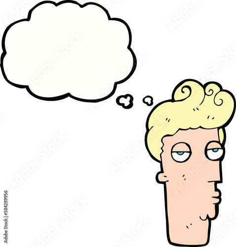 cartoon bored man's face with thought bubble