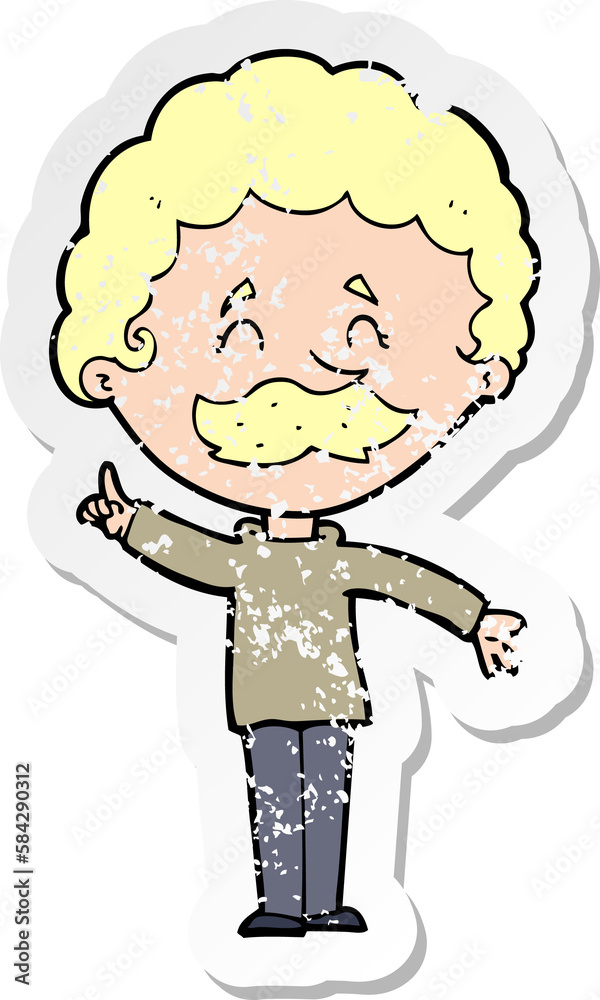 retro distressed sticker of a cartoon man with idea retro distressed sticker of a cartoon man with idea