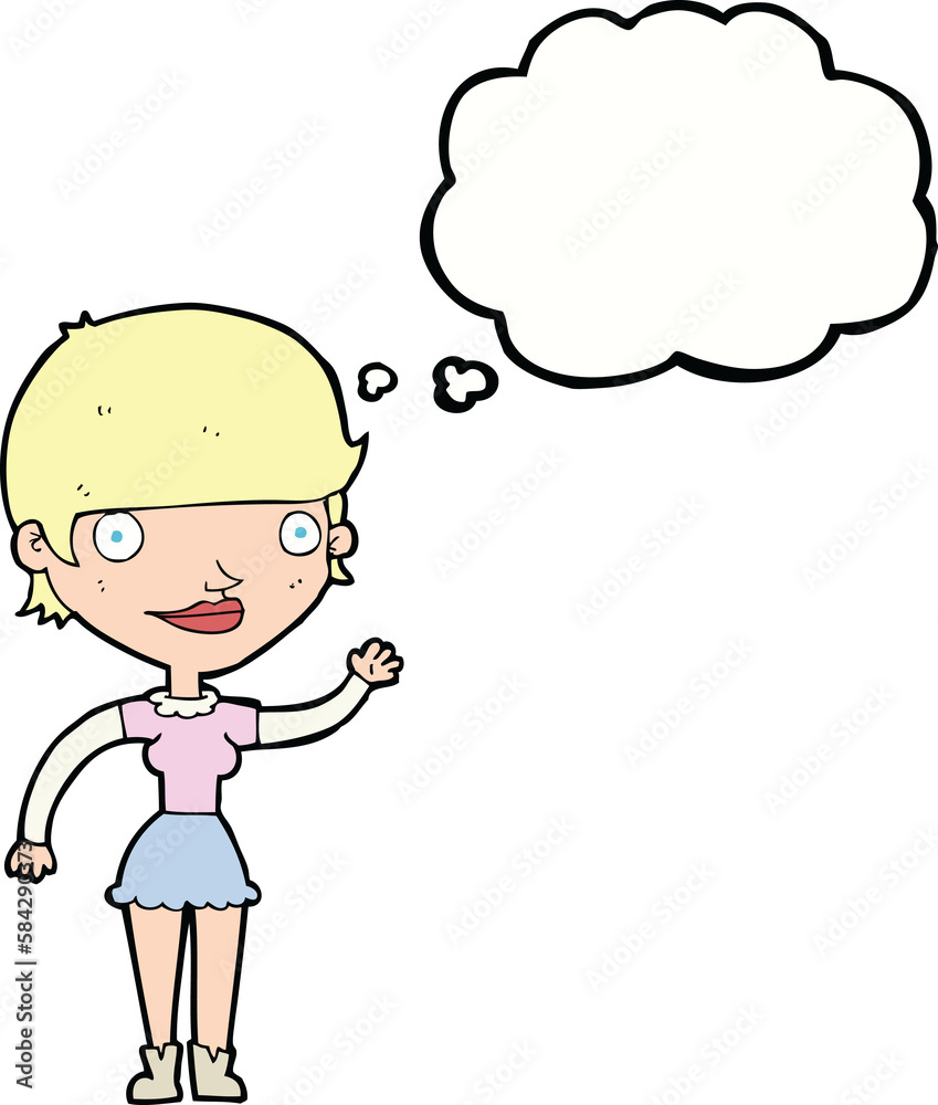 cartoon woman with idea with thought bubble cartoon woman with idea with thought bubble
