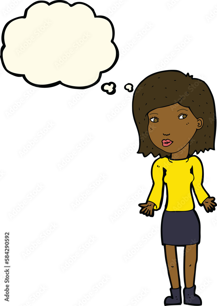 cartoon woman shrugging shoulders with thought bubble