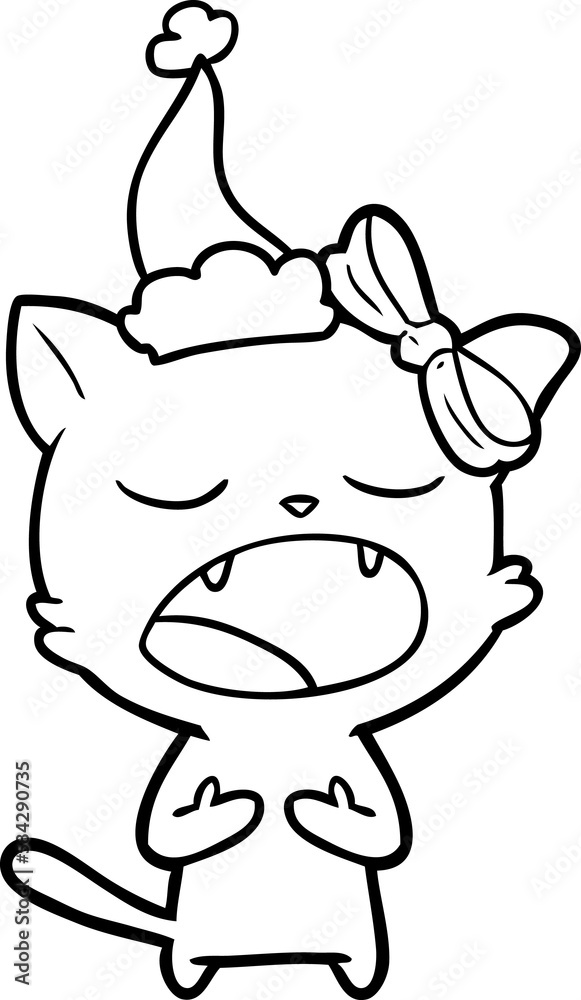 line drawing of a cat meowing wearing santa hat line drawing of a cat meowing wearing santa hat