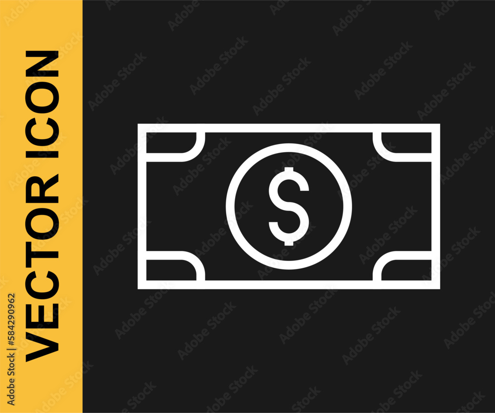 White line Stacks paper money cash icon isolated on black background. Money banknotes stacks. Bill currency. Vector White line Stacks paper money cash icon isolated on black background. Money banknotes stacks. Bill currency. Vector