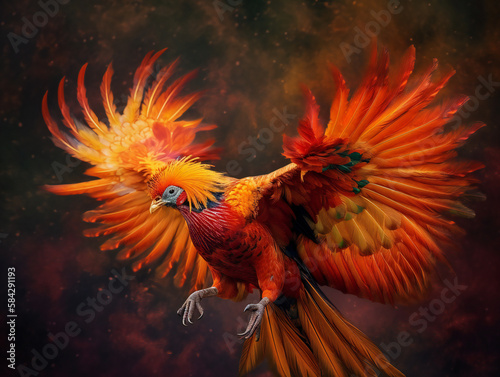 phoenix mythical bird, majestic rising from ashes, vibrant flame-colored, generative AI