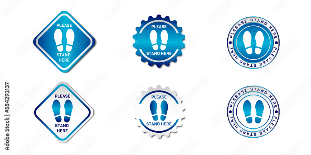 Stand Here Please 3d Sign. With a footprint icon. On gradient blue and white color. Premium and luxury emblem vector template