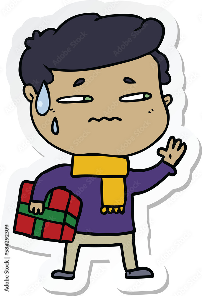 Fototapeta premium sticker of a cartoon anxious man with christmas gift