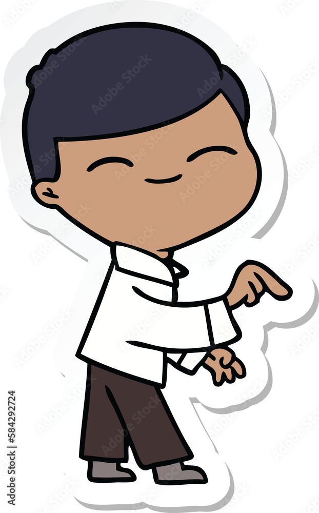 sticker of a cartoon smiling boy pointing sticker of a cartoon smiling boy pointing