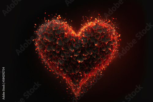 Burning heart of fire flame on dark black red background  love  passion  generative ai.