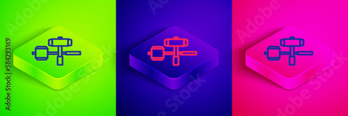Isometric line Medieval crossed battle hammers icon isolated on green, blue and pink background. Square button. Vector