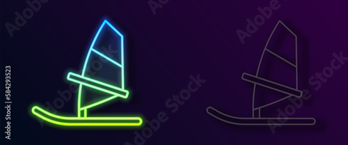 Glowing neon line Windsurfing icon isolated on black background. Vector