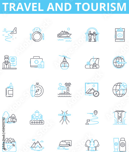 Travel and tourism vector line icons set. Voyage, Trip, Adventure, Tour, Excursion, Sightseeing, Jaunt illustration outline concept symbols and signs