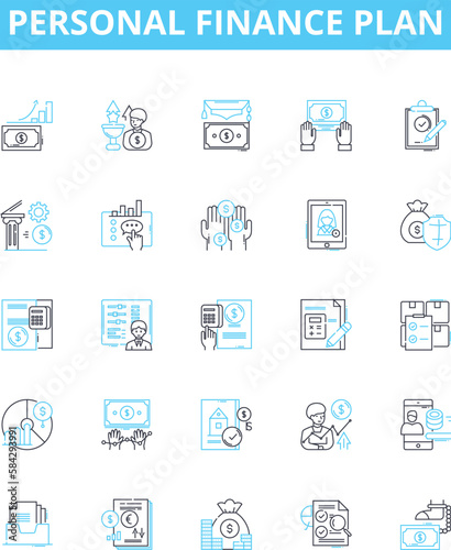 Personal finance plan vector line icons set. Budgeting, Saving, Investment, Credit, Debt, Insurance, Taxation illustration outline concept symbols and signs