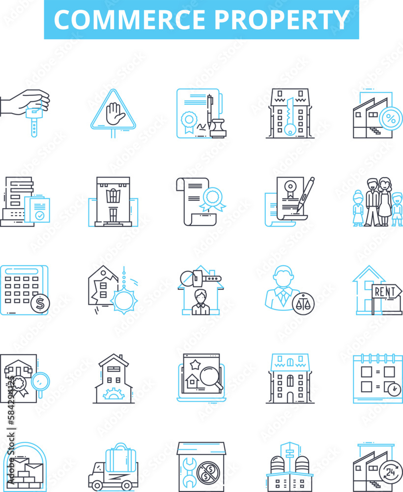 Commerce property vector line icons set. Commerce, Property, Real estate, Commercial, Residential, Property management, Property development illustration outline concept symbols and signs Commerce property vector line icons set. Commerce, Property, Real estate, Commercial, Residential, Property management, Property development illustration outline concept symbols and signs