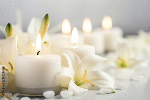 Spa candles and lillies, extreme macro closeup with a shallow depth of field. Generative AI.