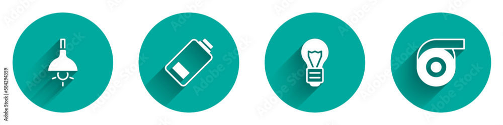 Set Lamp hanging, Battery charge, Creative lamp light idea and Roll adhesive tape icon with long shadow. Vector Set Lamp hanging, Battery charge, Creative lamp light idea and Roll adhesive tape icon with long shadow. Vector
