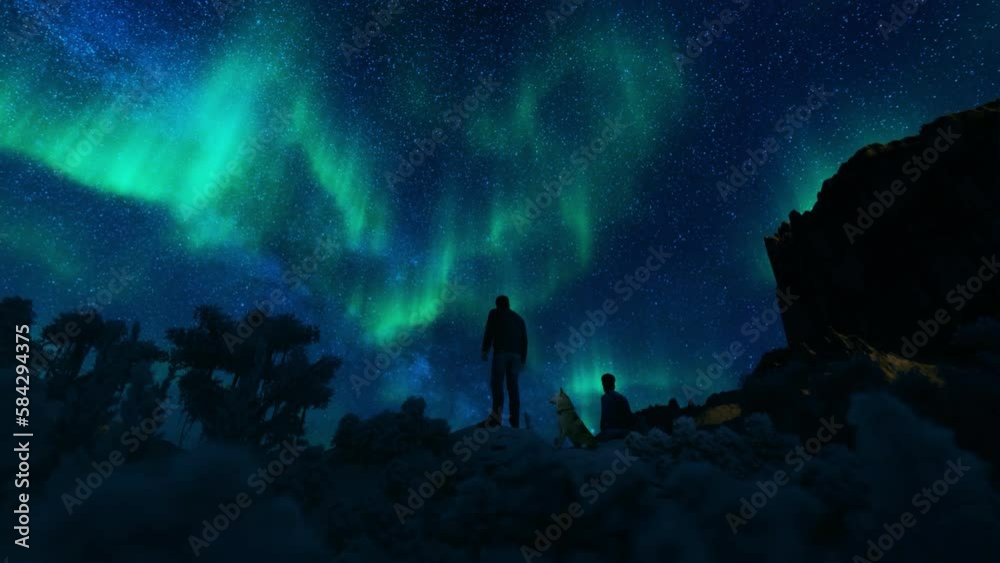 Couple and dog admiring the Aurora Borealis against starry sky