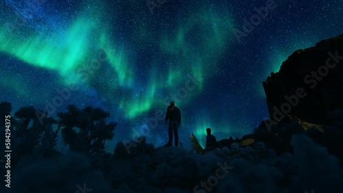 Wallpaper Mural Couple and dog admiring the Aurora Borealis against starry sky Torontodigital.ca