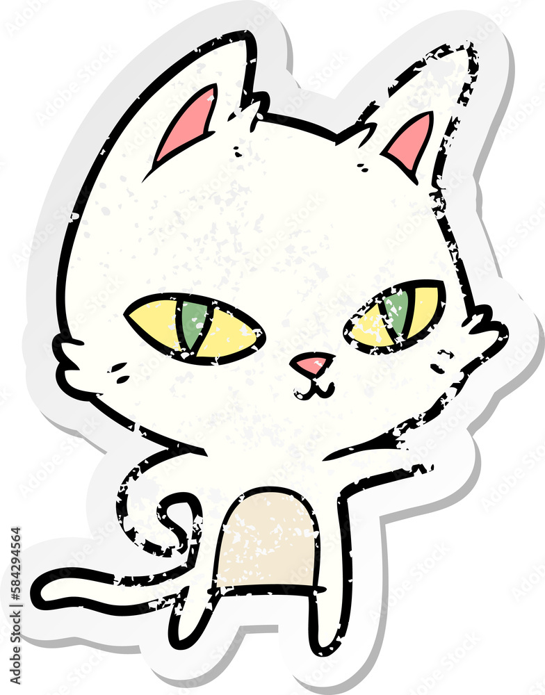 distressed sticker of a cartoon cat staring distressed sticker of a cartoon cat staring