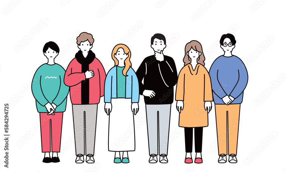 Obraz premium 一列に並ぶ若者のシンプルなイラスト 