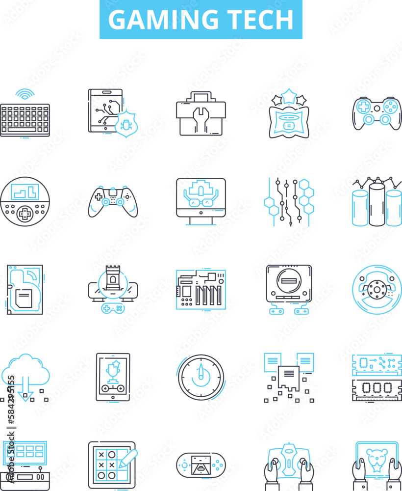 Gaming tech vector line icons set. Gaming, Tech, Console, Controller, VR, Racing, Simulator illustration outline concept symbols and signs Gaming tech vector line icons set. Gaming, Tech, Console, Controller, VR, Racing, Simulator illustration outline concept symbols and signs