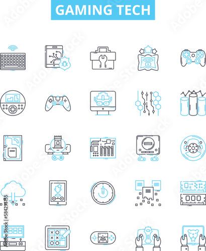 Gaming tech vector line icons set. Gaming, Tech, Console, Controller, VR, Racing, Simulator illustration outline concept symbols and signs