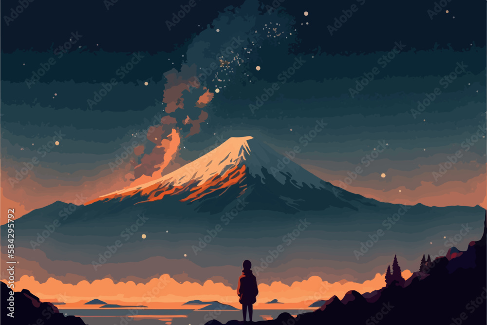 Girl looking at the mount fuji during the night. Vector art of anime woman stargazing. Beautiful atmospheric moody landscape. Relaxing scenery. Sad sihouette drawing. Japanese landmark. Japan nature. Girl looking at the mount fuji during the night. Vector art of anime woman stargazing. Beautiful atmospheric moody landscape. Relaxing scenery. Sad sihouette drawing. Japanese landmark. Japan nature.