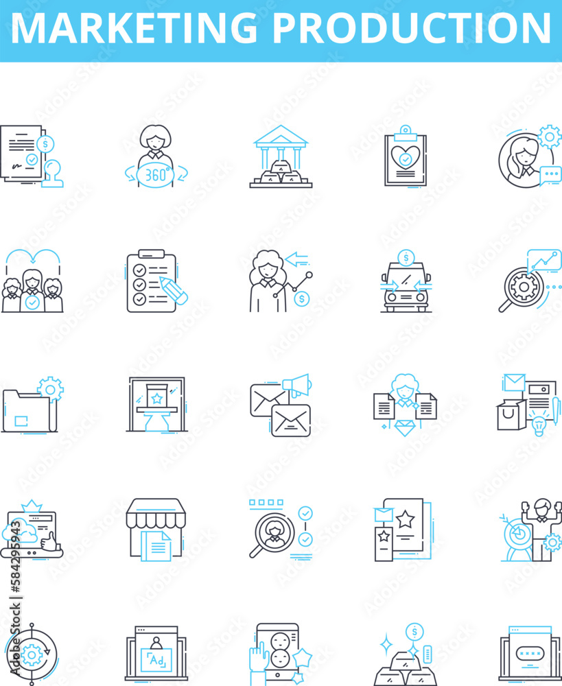 Marketing production vector line icons set. Promotion, Strategy, Advertising, Distribution, Branding, Analysis, Creativity illustration outline concept symbols and signs Marketing production vector line icons set. Promotion, Strategy, Advertising, Distribution, Branding, Analysis, Creativity illustration outline concept symbols and signs