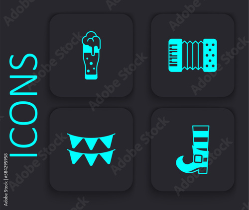 Set Leprechaun boot, Glass of beer, Accordion and Carnival garland with flags icon. Black square button. Vector